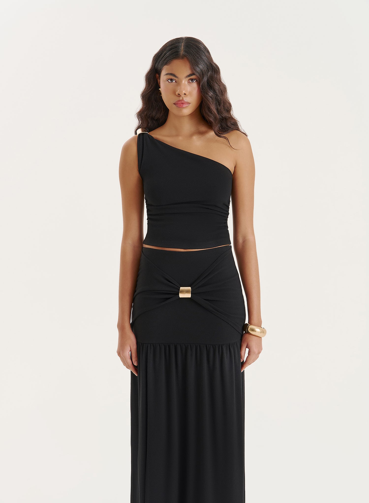 Black Gold Hardware Detail One Shoulder Top